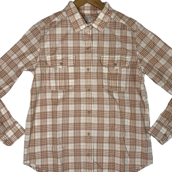 Women's Filson Kadin Island Long Sleeve Button Front Shirt White Tan Size Large - Picture 2 of 9